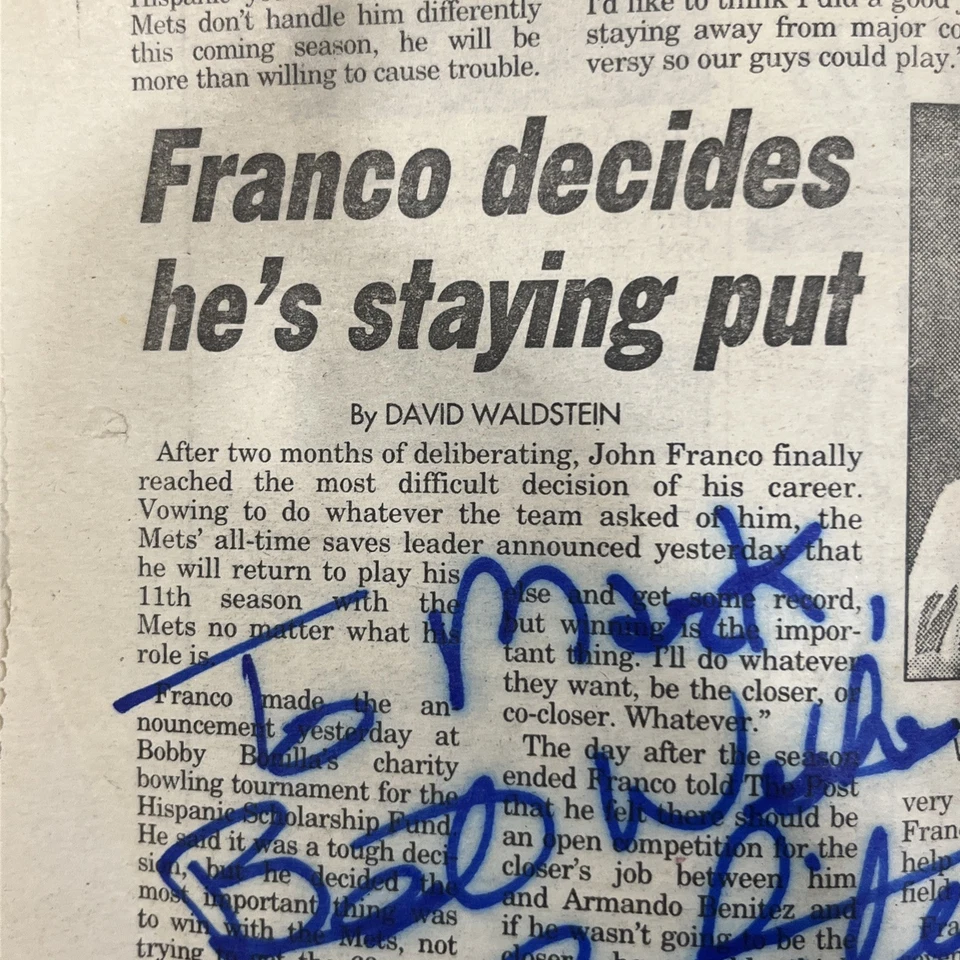 Periódico firmado por John Franco Mets autografiado béisbol vintage Foto 2 de 2