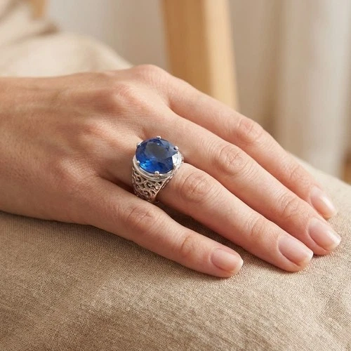 925 Sterling Silver White Gold Rings Charming Vivid Blue Sapphire Round 10.95Ct