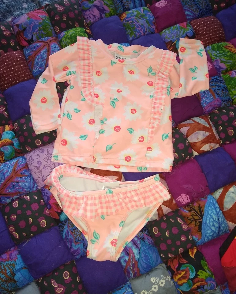 🌼 [NWOT] 12 Month Bathing Suit Set Swim Shirt Long Sleeve Pink Flower Ruffle - Image 2 of 2