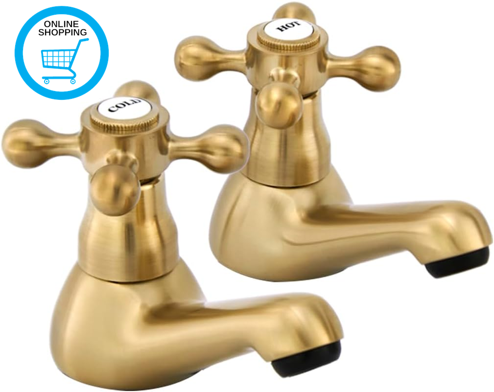 Victorian Gold Basin Taps Pair, 1/4 Turn Brushed Golden Brass Traditional Pillar