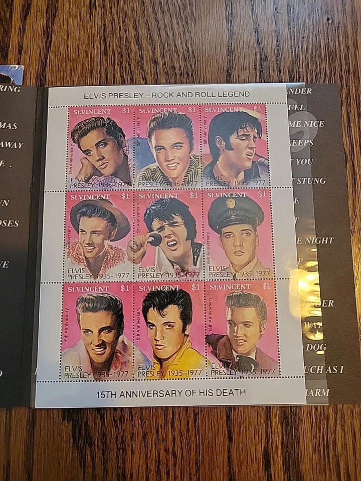 Estampillas de Elvis Presley de San Vicente edición conmemorativa de $1 con carpeta/soporte Foto 2 de 4