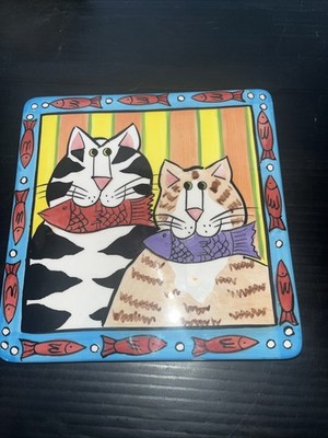 Vintage 2000 Candace Reiter Catzilla Valentines Day Cats Love Tile Trivet 6 x 6''