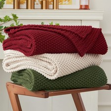 Chunky Cable Knit Throw Blanket Lightweight Burgundy 100 Organic Cotton Blan...