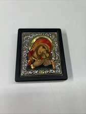 OLD BYZANTINE ICON ON CANVAS AND CLAD 950 STERLING SILVER  24 karat gold Plated
