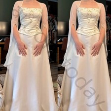 Vintage Satin Wedding Dress Long Sleeve with Slit Embroidery A Line Bridal Gown