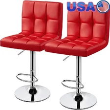 Adjustable Bar Stool Faux Leather Counter-Height Mid-Back Bar Chair Set of 2 Red