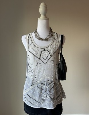 Sheer Beaded Scoop Neck Sleeveless Tank