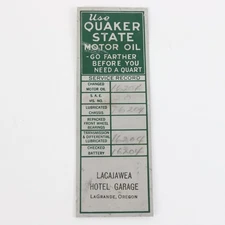 Vintage Quaker State Motor Oil Metal Service Record Badge Lagrande Oregon 4.25"