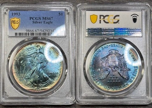 MS67 1993 $1 ASE Silver Eagle Dollar, PCGS Trueview- Nicely Rainbow Toned