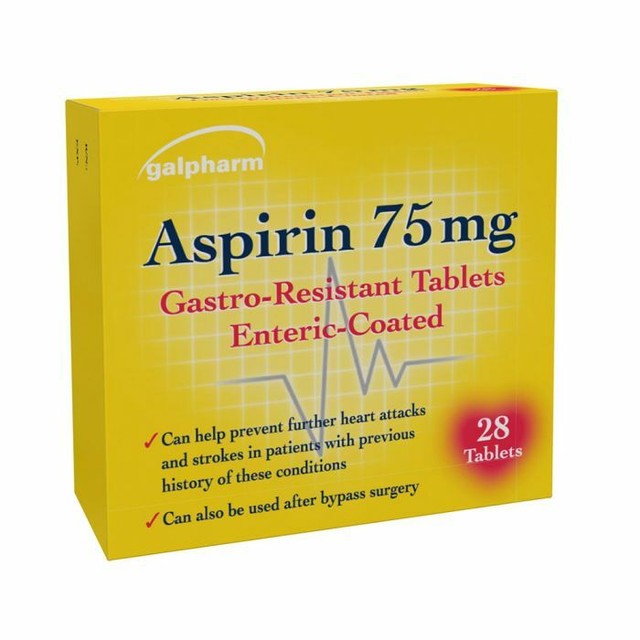 Aspirin 75mg Gastroresistant Pain Relief Enteric Coated 3 X 28 Tablets