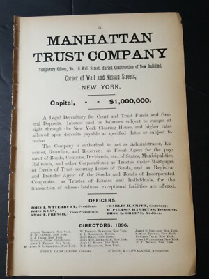 Original 1896 print ad MANHATTAN TRUST COMPANY John Waterbury 10 Wall St NYC