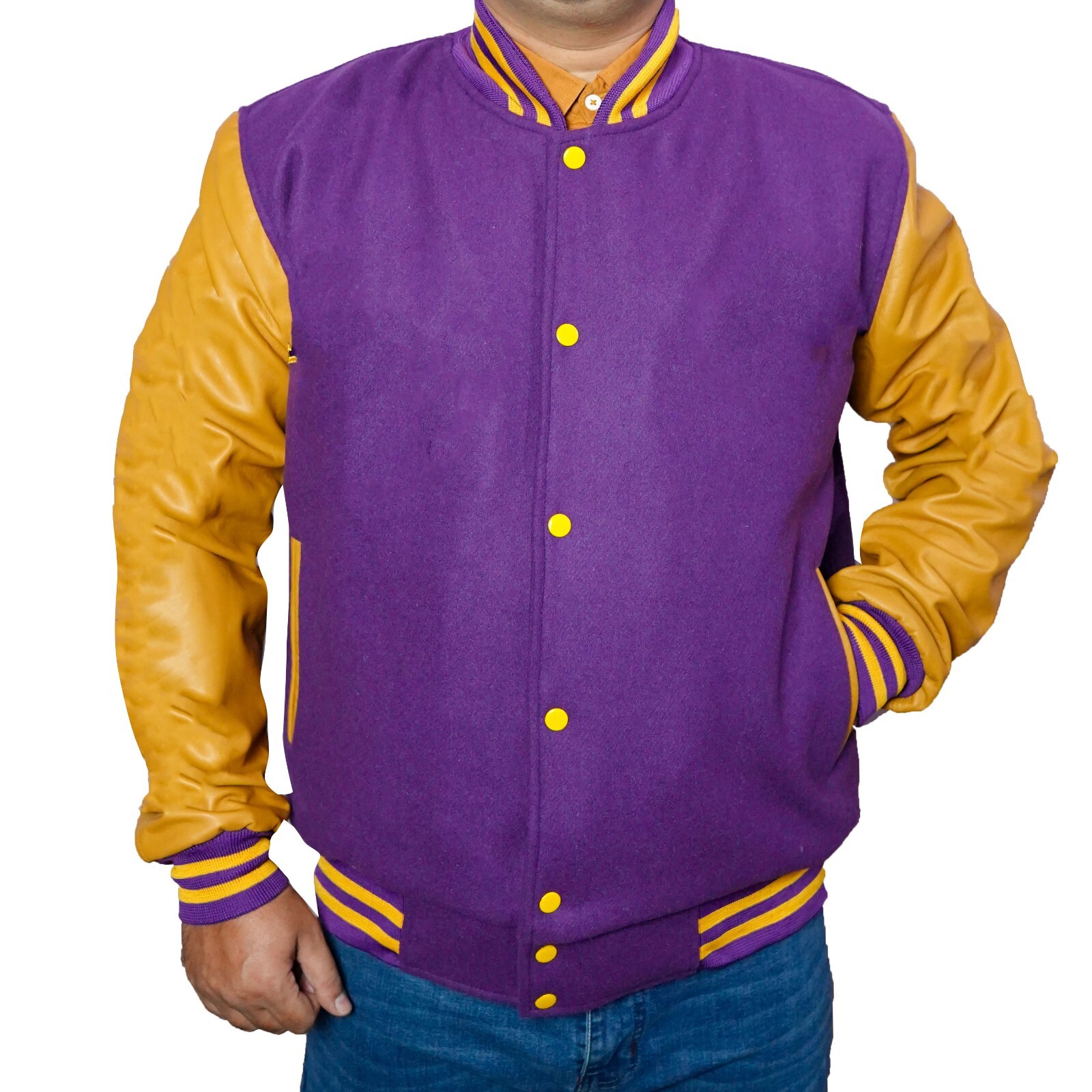 Men's Stylish Wool & Leather Varsity Bomber Jacket for College Sports