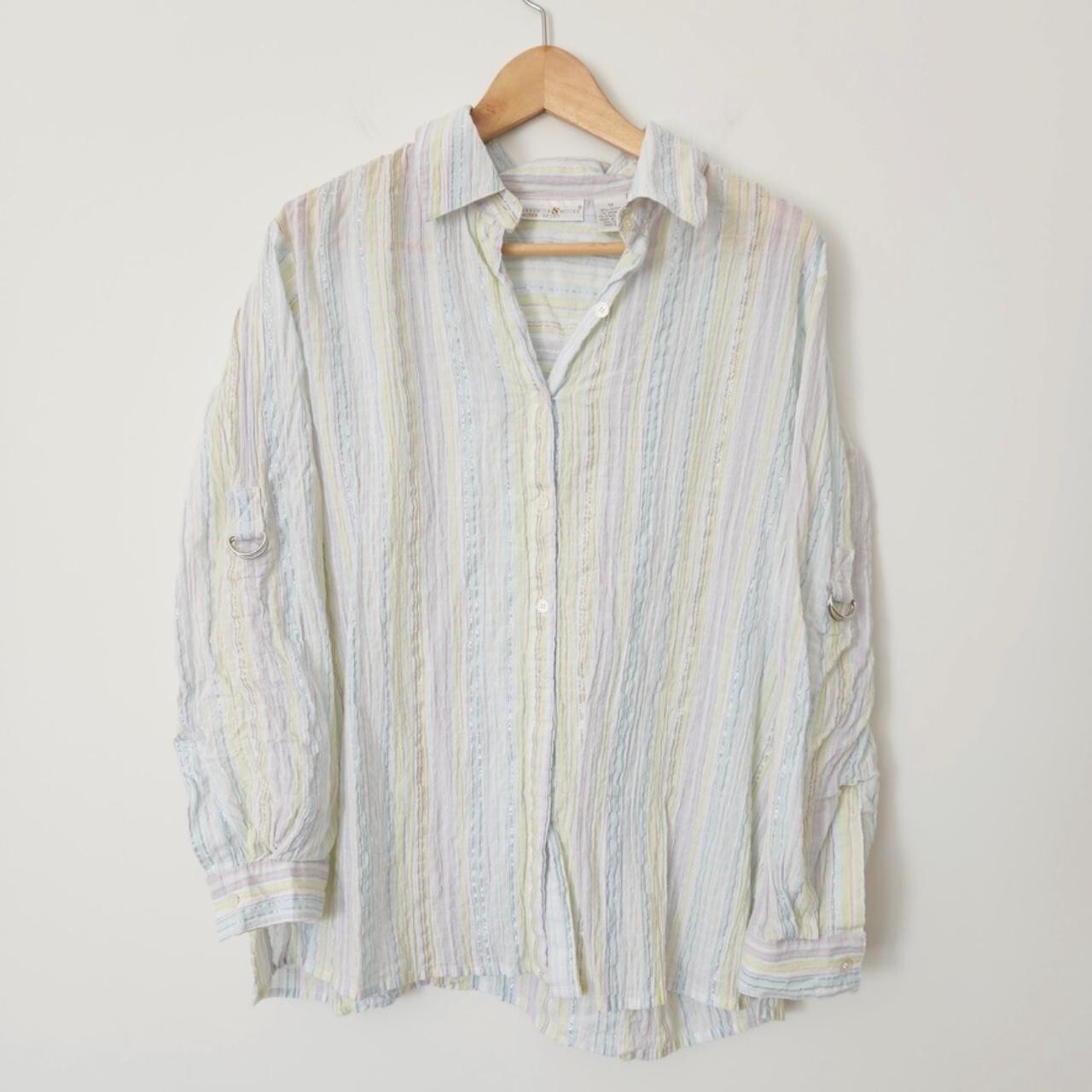 Y2K Crinkle Striped Button Down Shirt in Pastel Purple Blue Silver 1X  