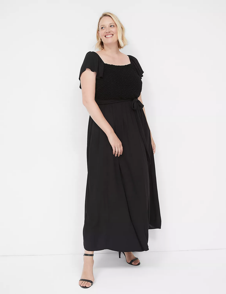 lane bryant crochet dress NEW LANE BRYANT BLACK FLUTTER SLEEVE CROCHET FRONT MAXI DRESS SZ 14