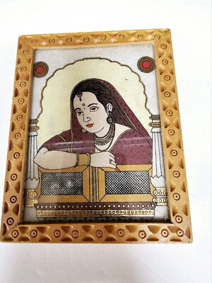 Vintage Wooden Box Made In India Hand Painted Hand Carved Top Glass Gemstone
