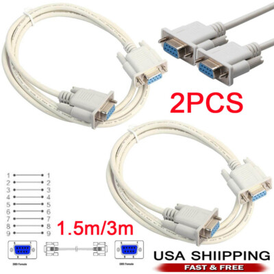 USA 2pcs 1.5m/3m DB9 DB 9 9-Pin RS-232 D-SUB Female to Female Serial Cable Cord