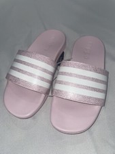 New Pink Adidas Shimmer Slip On Slides Sandals Girls Youth 2