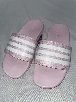 New Pink Adidas Shimmer Slip On Slides Sandals Girls Youth - Main Image