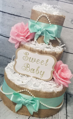 Diaper Cake - Shabby Chic Diaper Cake / Pink Blue Peach Diaper Cake / Sweet Baby