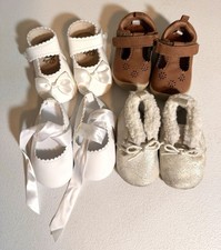 Baby Girl Shoes 4 Pairs White Brown Mary Janes Ribbon Bow Dress Shoes Lot 123