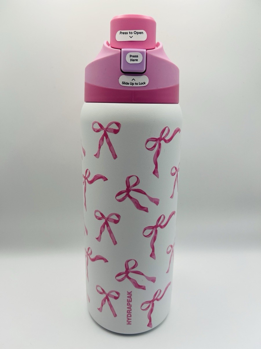 HydraPeak Pink Bow Water Bottle 32oz Insulated Leak Proof Carry