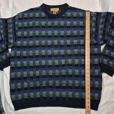 VTG Tricots St Raphael Sweater XL Pure New Wool Uruguay Blue Patchwork Check