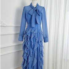 French Court Style Fish Tail Slimming Ruffle Edge Long Skirt Scarf Collar Dress
