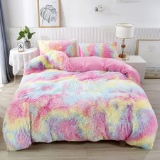 3Pcs Rainbow Girls Bedding Sets Twin Size Ultra Soft Long Hair Plush Shaggy D...