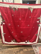 Pottery Barn Christmas Table Cloth 66x66 red With Santa, Deer, Tree appliqués