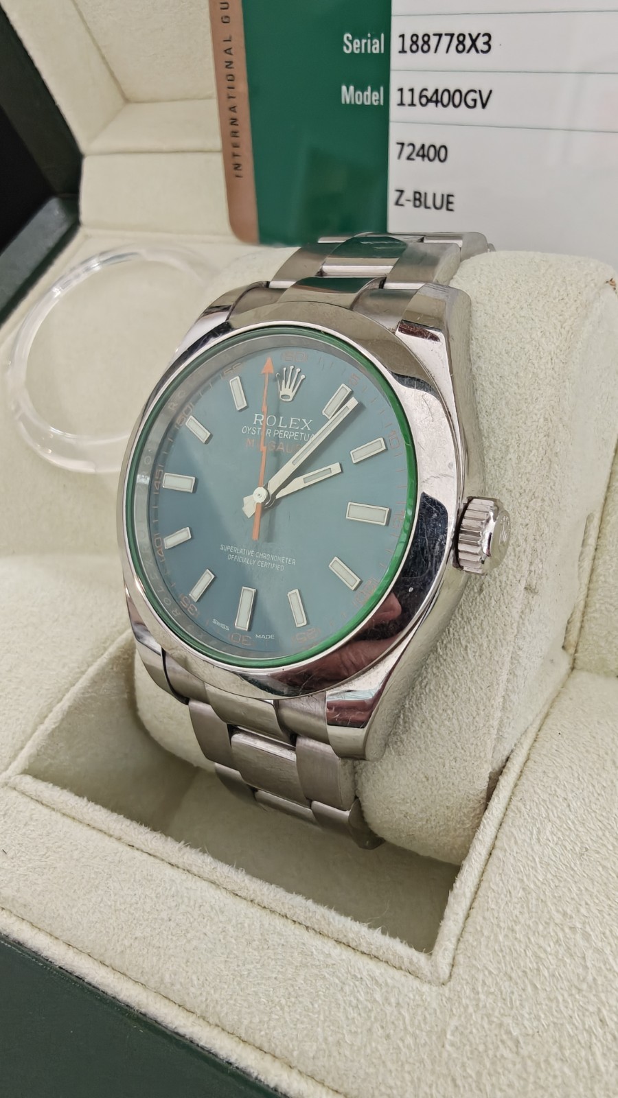 Rolex Milgauss 116400GV Blue Dial Green Crystal Smooth Bezel