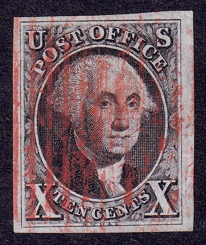 US Scott 2, 1847 Washington, 10c black, VERY FINE USED *Red Cancel* - Picture 1 of 2