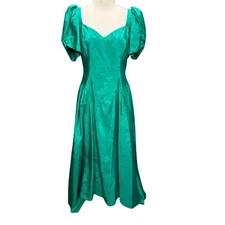 Vtg 80s Dance Allure Dress S Green Taffeta Cutout Bow Hi Lo Prom Cosplay Retro