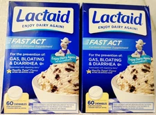 2x  LACTAID Fast Act Lactose Enzyme Bloat Gas Vanilla Twist 60 Chewable EXP2/28