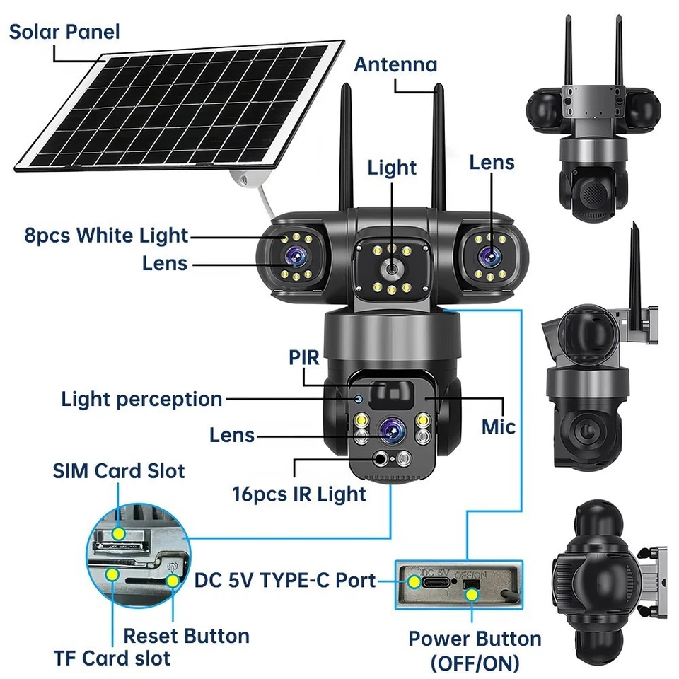 16 MP 4G SIM Solar Security IP Camera Outdoor 4 Lens PTZ CCTV Motion Detection - Image 4 of 4