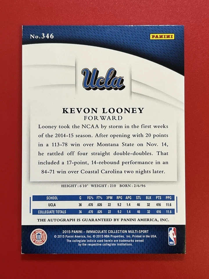 Panini Immaculate Kevon Looney RC Auto On Card /99 UCLA Warriors RC - Image 2 of 2