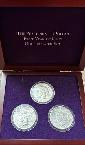 3 Coin Set Complete Collection Of Uncirculated 1st Year Of Issue Peace Silver $