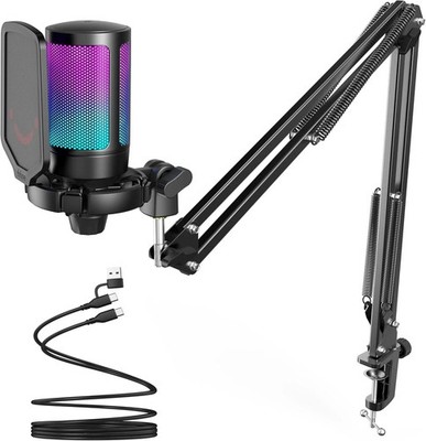 Gaming Microphone, Podcast Condenser Mic with Boom Arm, Pop Filter, Mute Button