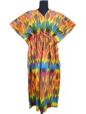 Indian Cotton Yellow Beautiful Ikat Kaftan Dress Women Clothing Kaftan Dress US