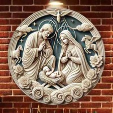 X-MAS Nativity Hanging, Aluminum Relief Art Festive Round Wreath,Wall decor 8"