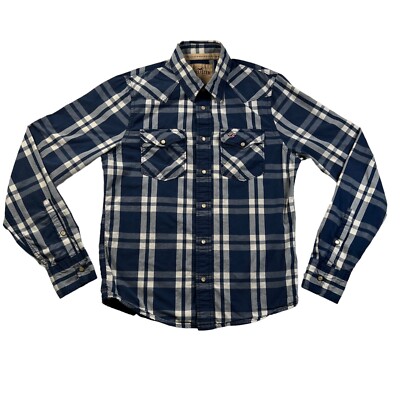 Hollister Shirt Men's L/S Western Theme Pearl Snap Up Plaid Pkts Blue White M