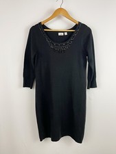 Cato Black Ribbed 3/4 Sleeve Embellished Jewel Pullover Sweater Dress Sz Small