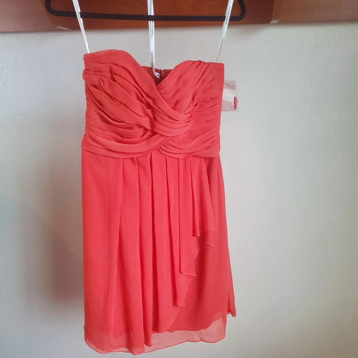 NEW David s Bridal Chiffon Dress 6 Orange Persimmon Strapless Crinkle Layered