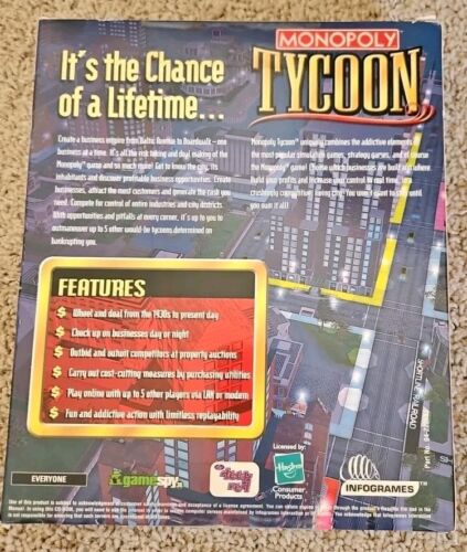 Brand New Sealed Monopoly Tycoon Windows PC Big Box Computer Game 2001 Tycoon - Picture 2 of 2