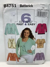 Butterick B4751 4751 Misses Shirt Shrug Camisole Easy Pattern 18W-24W Uncut