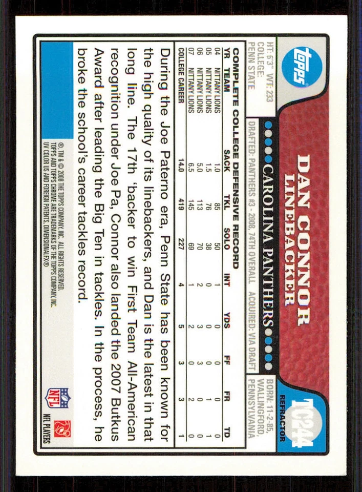 2008 Topps Chrome Refractors #TC244 Dan Connor - Image 2 of 2