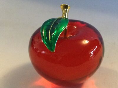 Red Art Glass Apple Paperweight With Gold Stem Green Enamel Leaf