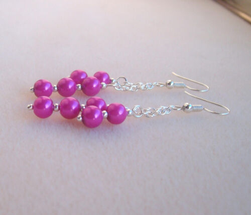 Pretty Cerise Hot Pink Glass Pearl Dangly Chain Silver Plated Drop Earrings - Picture 2 of 6