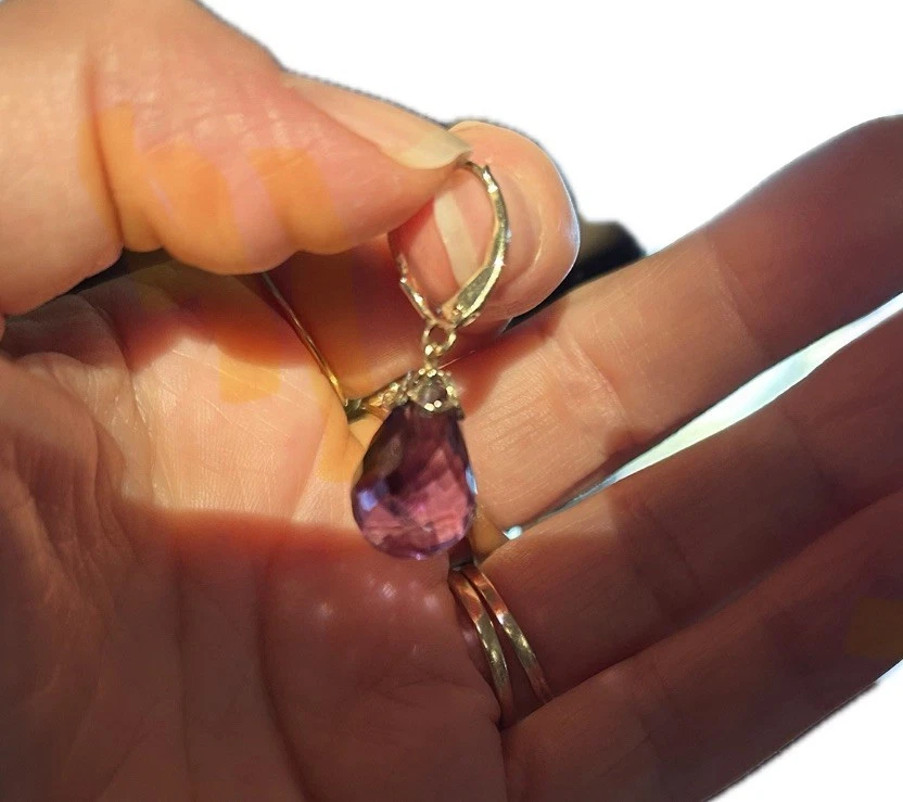 Brincos pendurados de ouro maciço 14K 14 quilates com alavanca pedra preciosa de ametista brioleta - Imagem 3 de 4