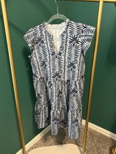 Blue Leaf Print Sleeveless Tiered Dress