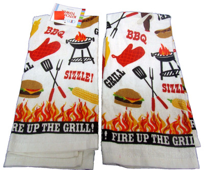 Set of 2 Same Printed Kitchen Terry Towels (15''x25'') BBQ, FIRE UP THE GRILL, AM